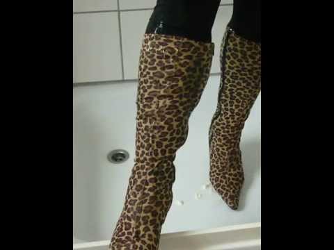 Jana fills and washed her stretch leopard spike high heel boots in the shower